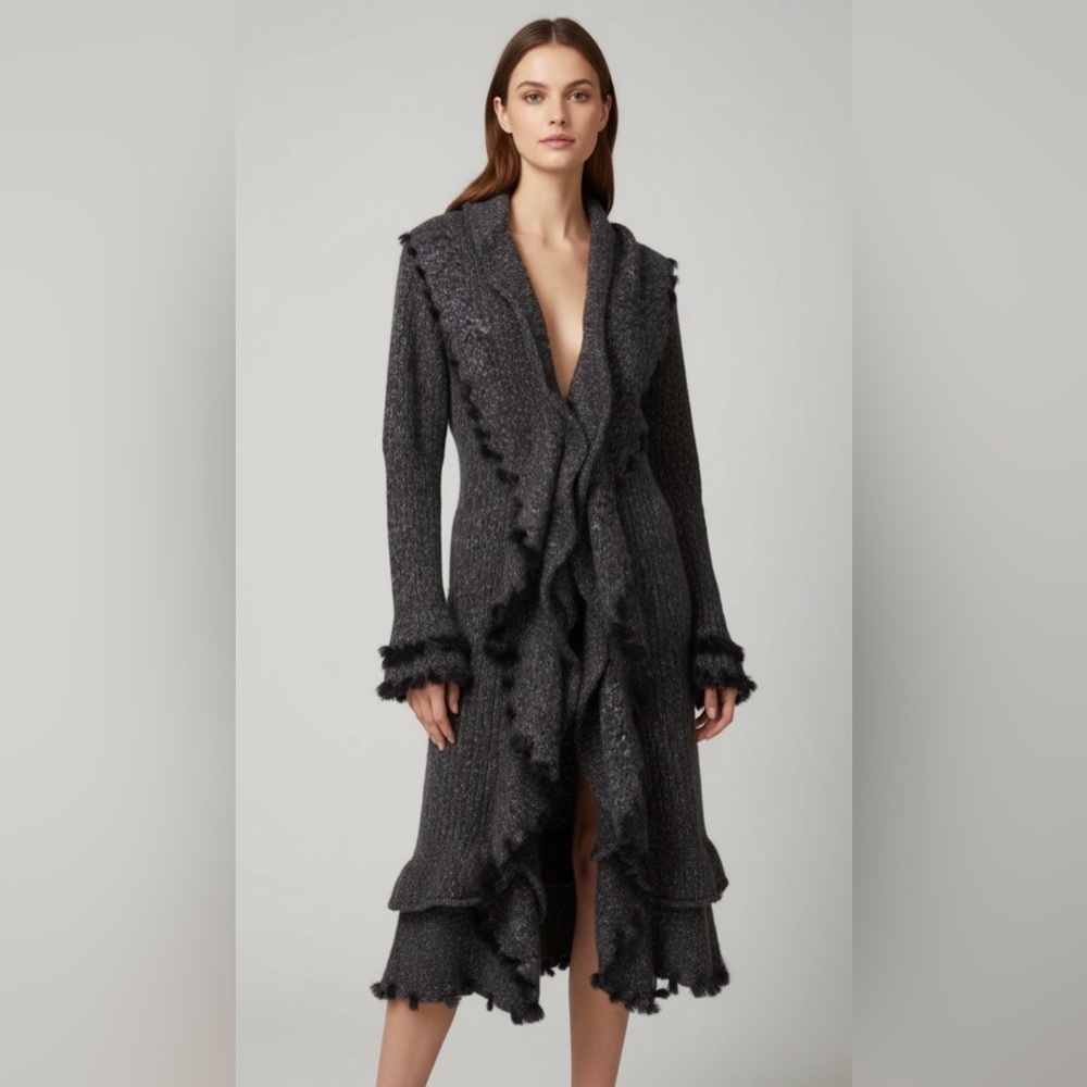 Stunning Olivia M Ruffle Cardigan - Boho Chic Faux Fur trim and tuffs- Gem
